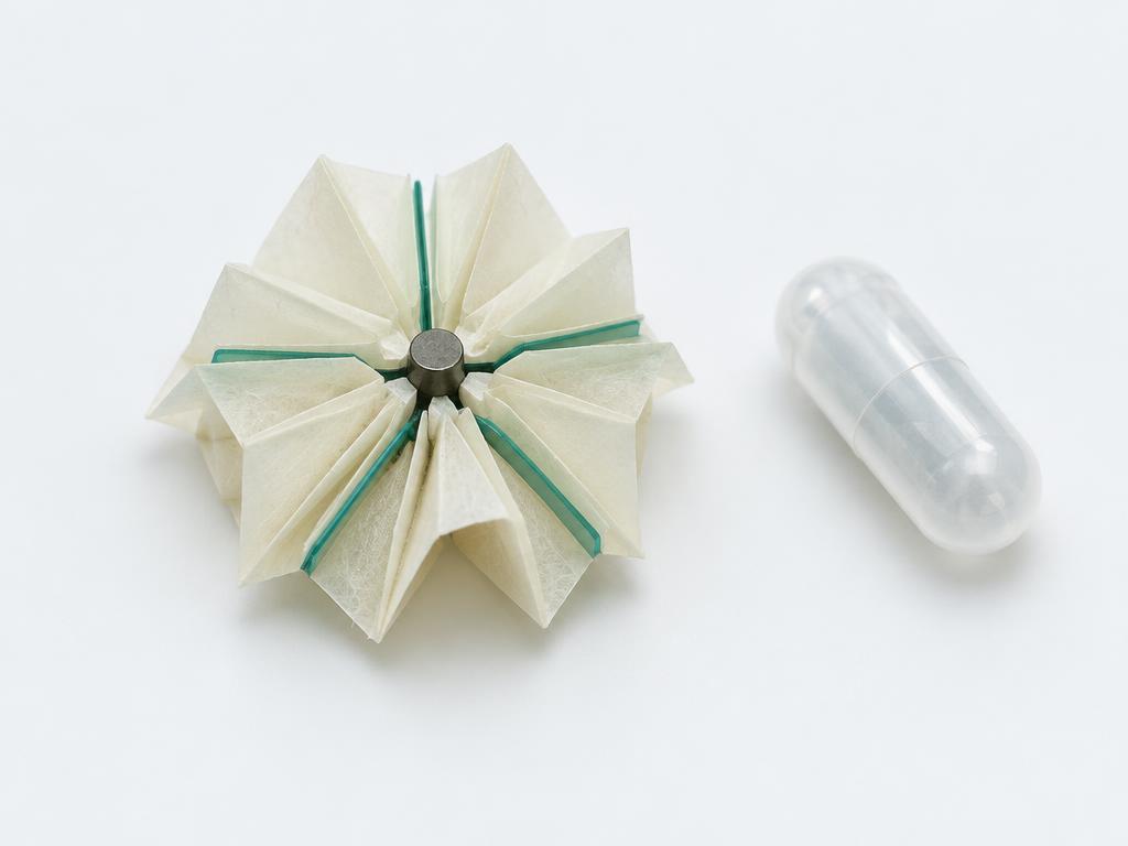 摄入式折纸机器人 · 微型医疗研究 · AI生成教学示意，非官方实物照片